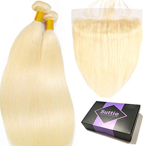 Suttie 613 Platinum Blonde Straight Real Hair Bundles Pre Plucked Frontal Lace Human Hair with Baby Hair 6Z121412C