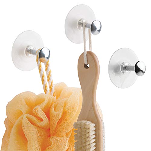mDesign Bathroom Shower Never Rust Plastic Suction Cup and Metal Organizer Hooks for Loofah, Washcloth, Brush - Set of 3, Chrome