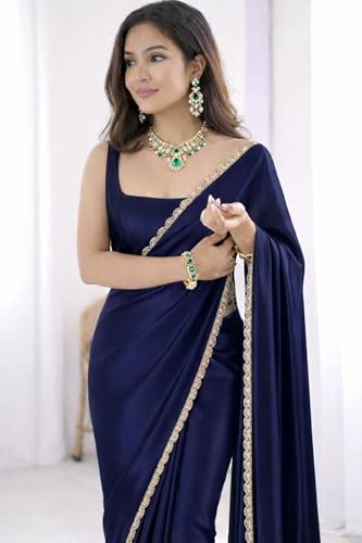 Image of SATAZ Ready To Wear Saree For Women Pre Pleated Satin Silk Readymade With Unstitched Blouse (Navy Blue)