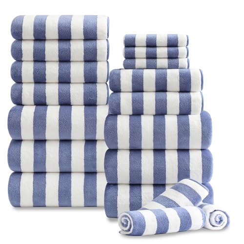 18 Pcs Blue Purple Stripe Bath Towel Set with Hanging Loop-6 Bath Towels 6 Hand Towels 6 Washcloths Soft Family Towels Set Bathroom Towel Highly Absorbent Quick Dry Shower Towel for Beach Chair Hotel