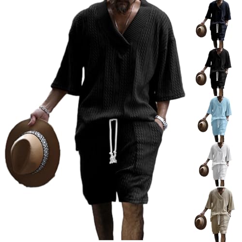 Casual Cable Knit T-shirt Set Athleisure Cable Jacquard Set Men,V-Neck 3/4 Sleeve Top and Drawstring Shorts 2 Piece - Main Image