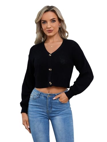 Image of Floerns Women's Solid Long Sleeve Button Down V Neck Cardigan Crop Top Sweater