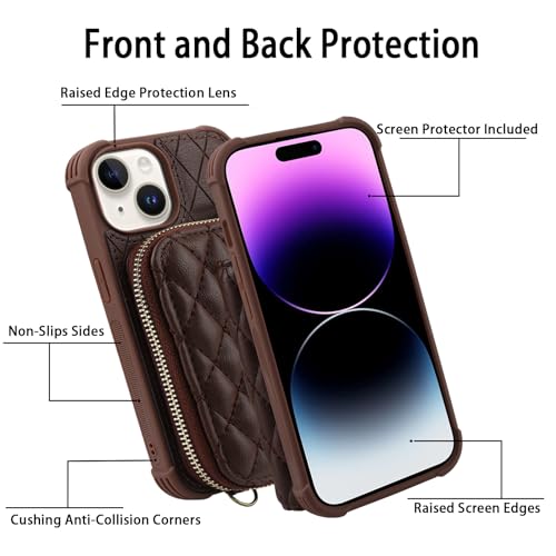 Image of MONASAY Zipper Wallet Case Compatible for iPhone 15 Plus /14 Plus,[Screen Protector][RFID Blocking] Flip Leather Handbag Phone Cover with Card Holder and Crossbody Lanyard Strap, Brown