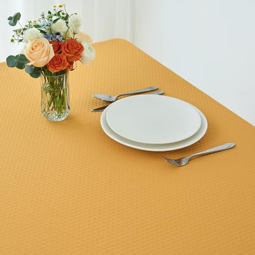 Image of maxmill Square Tablecloth Weaved Texture Stain Resistant Waterproof Wrinkle Free Washable Soft Table Cloth, Decorative Fabric Table Cover for Dining Room Dinner Parties, 52 x 52 Inch, Ochre Yellow