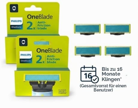Philips OneBlade QP225/5 Ersatzklingen, 4 Klingen (2 x 2), kompatibel mit Elektrorasierer für Herren, Gesicht und Körper, Anti-Reizungstechnologie, bis zu 16 Monate