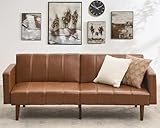 GarveeHome 75 in Futon Sofa Bed Mid-Century Futon Couch, PU Leathe Convertible Sleeper Couch with Adjustable Backrest, Loveseat and Side Pockets for Living Room & Bedroom (Brown)