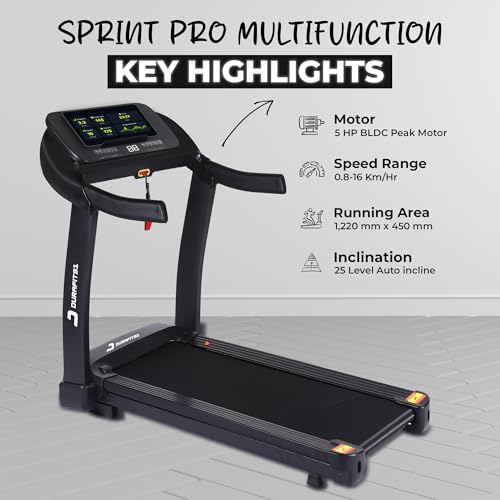 Image of Sprint Pro 5 HP Peak BLDC Motorized | Hydraulic Foldable Treadmill | 25Level Auto Incline| 16 Km /Hr Max Speed| 140Kg User Weight| Bluetooth Speaker| Wynd app | Home use| Black