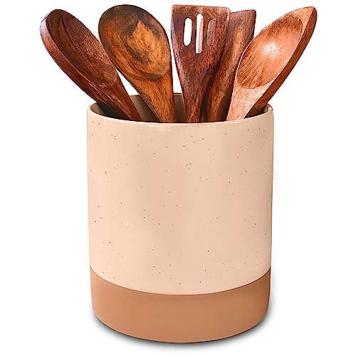 Mora Ceramic Kitchen Utensil Holder - Wooden Spoon & Spatula Crock for Countertop, Modern Farmhouse Home Decor, Extra Large 7.3" Cooking Organizer for Stove Top and Counter - Heavy & Sturdy - Chai