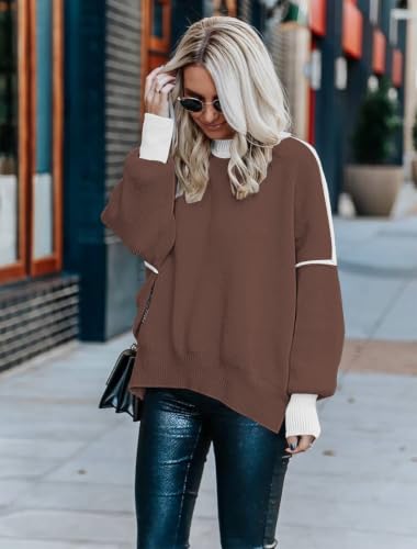 Image of Womens Sweaters Causal Crewneck Batwing Sleeve Knit Top Side Split Oversized Pullover Sweater Loose Jumper