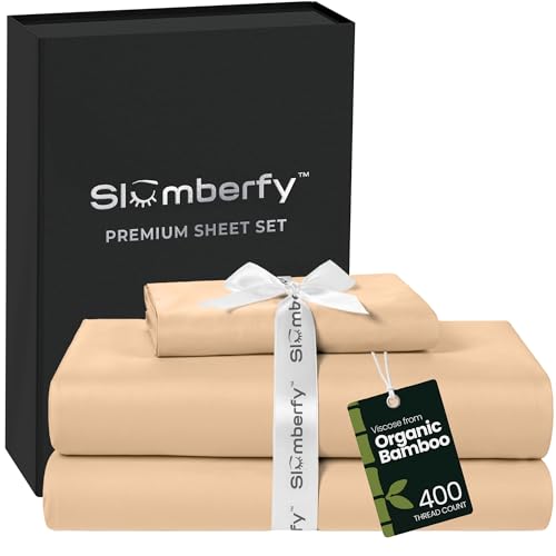 Image of Slumberfy 3-Piece 400 TC Viscose Derived from Bamboo Sheets, Twin Size - 1 Fitted, 1 Flat, 1 Pillow Case - Deep Pocket Cooling Viscose-Bamboo Bed Sheets in Magnetic Closure Gift Box, Sand
