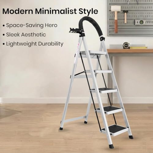 Image of Casa Copenhagen White 5 Step Ladder for Home Use with Built-in Tool Tray | Heavy Duty D Shape Rods | Ultra Large Platform | Wide Rubber Feet | 150Kg Capacity Foldable Ladder - 7 Years Warranty