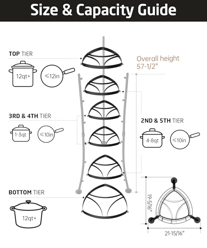 KES 264 Lbs Capacity Freestanding Pot Rack, 6-Tier Cast Iron Cookware Stand with 6 Hooks, Pots and Pans Storage Tower for Kitchen, Stable Base, Anti-tip Strap & Floor Protectors Black, KUR531S6-BK - Thumbnail 6