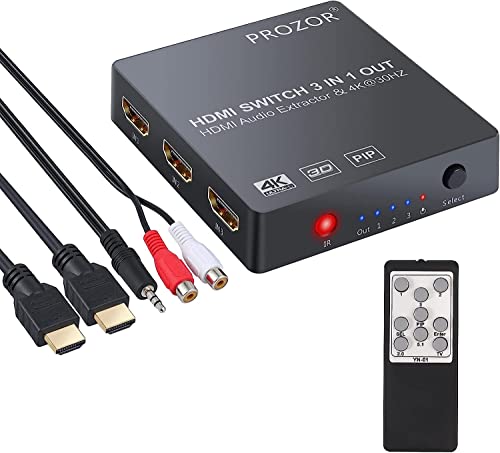 PROZOR Convertisseur HDMI 4K HDMI Commutateur 3x1 Extracteur Audio analogique Optique Toslink SPDIF 3.5 mm Sortie Support 4k 3D 1080p PIP avec télécommande IR Cable HDMI Cable de Charge USB
