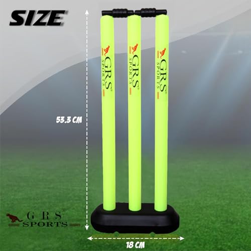 Image of GRS Sports Size 3 Kids Cricket Kit Combo (Ages 5-9 Years) - Premium Wooden Cricket Bat, 1 Heavy Plastic Wicket Set, 1 Single-Base Stand, 1 Target Stump for Bowling Practice, and 1 Tennis Ball