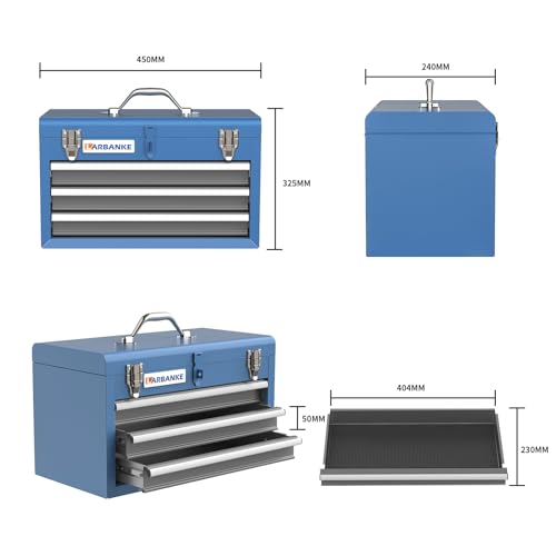 Image of LARBANKE Metal Tool Box,3 Drawer Tool Box with Top Storage Tray, Portable Tool Chest with Locking System and Drawer Liner, Hand Carrying Tool Chest for Garage,Home or Workbench