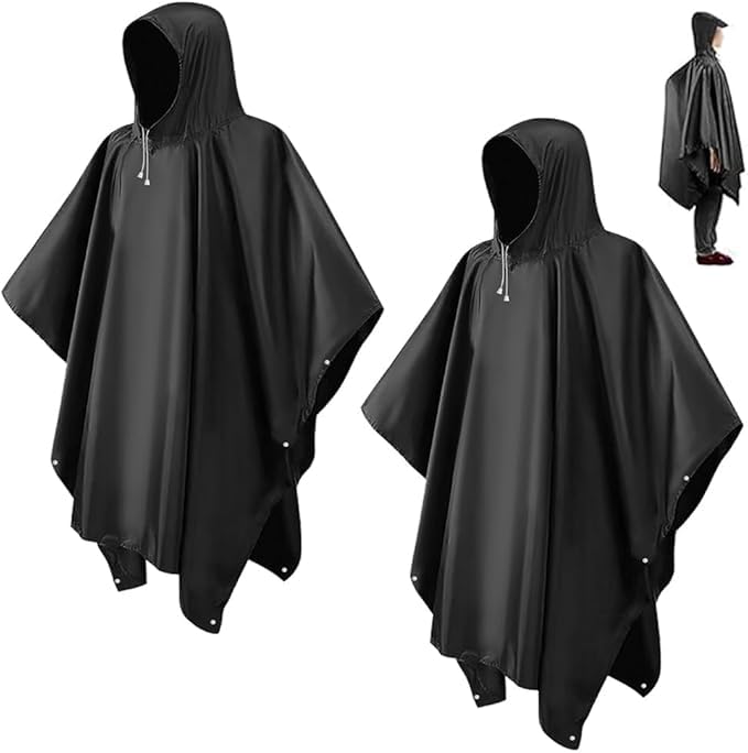 Regenponcho Wasserdicht Regenjacke 2 Stück für Herren Damen, Eva Leicht Regencape Regenschutz Wiederverwendbarer mit Kapuze für Festivals, Camping, Wandern, Reisen, Schwarz