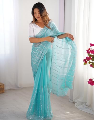 Image of SIRIL Women's Shimmer Chiffon Sequence Embroidery Saree With Unstitched Blouse Piece for Wedding and Parties