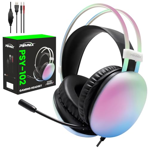 Psynix PSY-102 Gaming Headset for PS5, PS4, Xbox, PC, Nintendo Switch - Wired Headphones with Mic, Surround Sound, RGB Lights, Noise Cancelling, Comfortable Over-Ear Design (White)