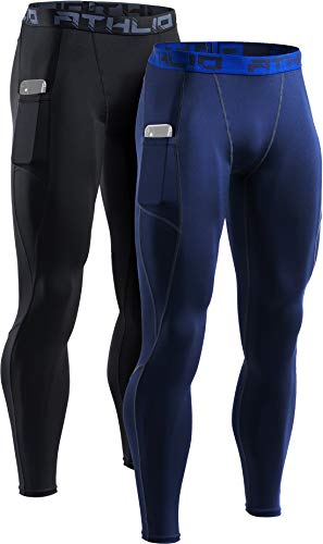 Athlio Men's Compression Pants Running Tights Workout Leggings, Cool Dry Technical Sports Baselayer, Pocket 2Pack Leggings Black/Navy, Xx-Large #TOP1