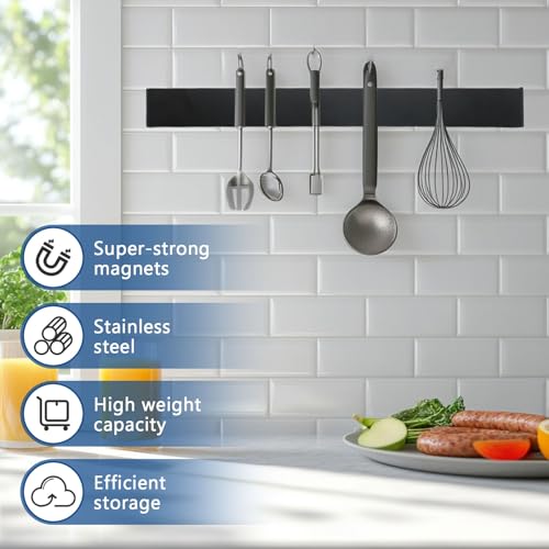 Magnetyczna listwa na noże, 40 cm, ze stali nierdzewnej, mocny magnes, uchwyt na noże, bez wiercenia, z taśmą klejącą, samoprzylepna listwa magnetyczna do montażu na ścianie, do noży kuchennych