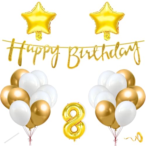 Image of Flyloons 8th Happy Birthday Decoration Kit Gold White for Boys Girls Kids Twins Men Women With 20 Pcs Chrome Balloons Birthday Banner 2 Pcs Star Items Set Golden