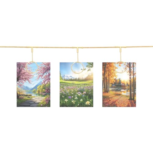 sourcing map Cavo in acciaio da appendere alla parete con 12 clip rotonde, cornici da appendere da 1,5 m, decorazione da parete per appendere foto, appunti, cartoline, oro