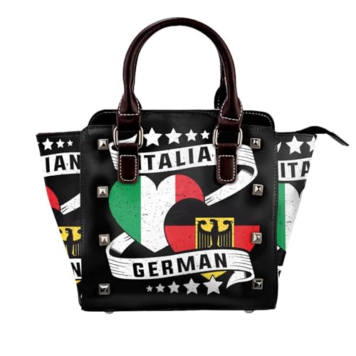 Nruairly Half German Half Italian Flag Women's Pu Leather Handbag Rivet Shoulder Bag Fashion Studded Top Handle Satchel Crossbody Tote Bag Punk Bag Purse For Dating Travel Work