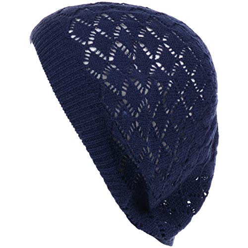 An Womens Crochet Hat Flower Beanie Beret Fashion Accessory Lightweight Knit Cap (One Size, 5120-Navy) #TOP1