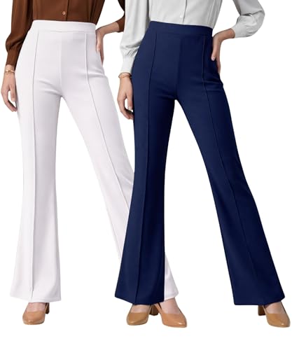 Image of Women Solid Flared Trousers Pack of 2 | High Waist Stretchable Office Pants for Women | Formal Bell Bottom Palazzo Trouser Combo