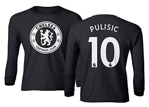 Spark Apparel London Blue #10 PULISIC Soccer Jersey Style Boys Girls Youth Long Sleeve T-Shirt (Black, Youth - Small)