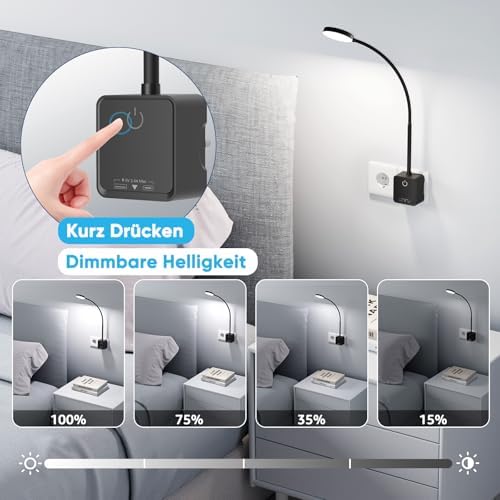  Dimmbar LED Wandleuchte Innen Schwarz für Schlafzimmer und Wohnzimmer
| USB Ladefunktion LED Leselampe Wandmitte Dimmba