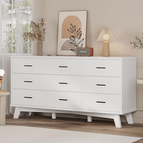 Xixini Dresser for Bedroom, 9 Drawer Wide Modern Chest of Drawers with X-Shaped Sturdy Base, Wood Double Dresser Closet Clothes Storage Organizer, Wooden TV Stand for Living Room, Hallway, White
