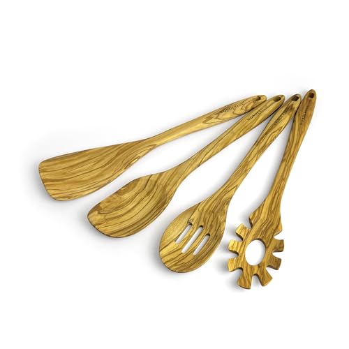 WONDERFUL 4 Pcs Olive Wooden Spoons for Cooking - 13.5 Inch Long, Set with Spatula, Corner Spoon, Slotted Spoon, Spaghetti and Pasta Server with Measurer…