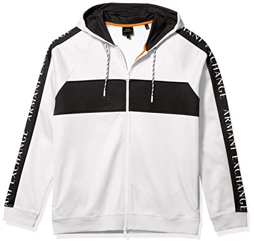 A|X Armani Exchange Men's Logo Tape Sleeve Bold Stripe Full Zip Hooded Sweatshirt, White W/Black, L