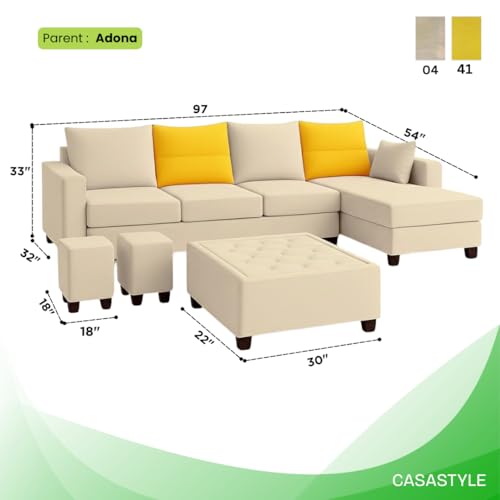 Image of CASASTYLE Texon 8 Seater Fabric RHS L Shape Sofa Set with 1 Centre Table & 2 Puffy (Yellow-Cream) Premium Velvet Finish | Comfortable Sectional Sofa for Living Room