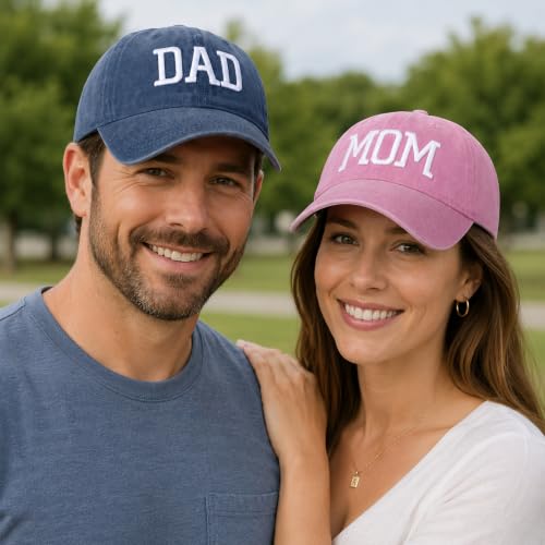 Image of Mom Dad Embroidered Baseball Caps Set of 2 Adjustable Couples Cotton Hats | Soft cotton matching caps with premium embroidery and adjustable fit, perfect for couples, parents, family photos and gifts.