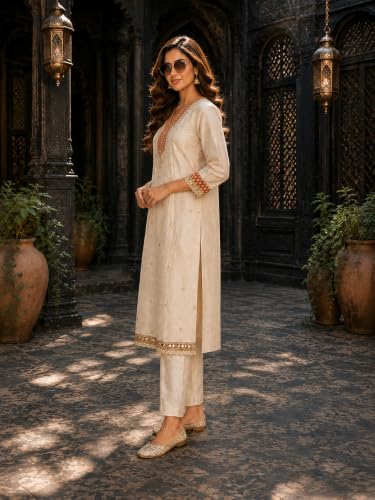 Image of Berrylicious Women Off White Sequinned And Hand Embroidered Kurta With Pant & Embroidered Dupatta | Ethnic Kurta Set | Casual & Office Wear