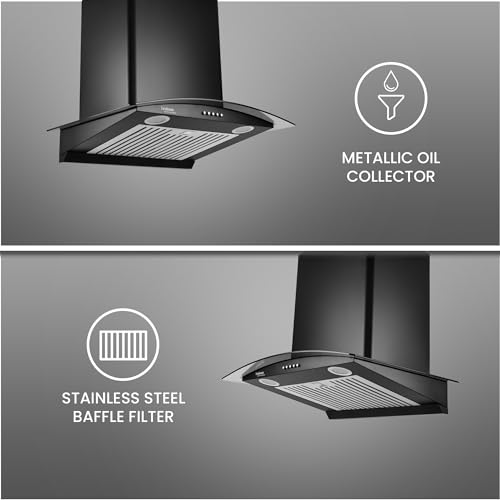 Image of Hindware Smart Appliances | Elena 60 cm Chimney | 1100 CMH | Curved Glass | Auto Clean | Push Button | 5 Yrs Warranty on Motor & 2 Yrs on Product | Wall Mounted (Baffle Filter, LED Lamps, Black)