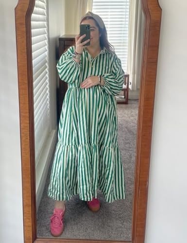 Image of EZAPINE Womens Babydoll Striped Shirt Midi Dress Puff Long Sleeve Collared Button Tunic Flowy Swing Dresses