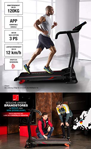 Sportstech F15 Laufband – Deutsche Qualitätsmarke - Video Events & Multiplayer APP & LCD Display, inkl.Bluetooth, 3 PS, 12 KM/H, 17 Programme und Tablet-Halterung – kompakt klappbar verstaubar - 2