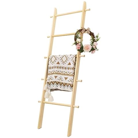 HYBDAMAI Blanket Ladder, 5-Tier Wooden Quilt Stand, Decorative Ladder Shelf, Farmhouse Ladder Blanket Holder, Wall Leaning Blanket Ladder Towel Storage Rack for Living Room, Natural Cover
