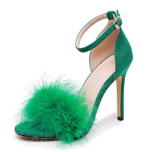 4.15 Inches Women's Ankle Strap Fluffy Feather Ankle Strap Stiletto Heels Sandals Open Toe Party Evening High Heel Pump Shoes