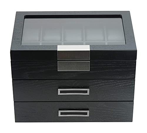 Timelybuys 30 Black Ebony Wood Watch Extra Height Clearance Box Display Case 3 Level Storage Jewelry Organizer With Glass Top, Stainless Steel Accents, And 2 Drawers #TOP10