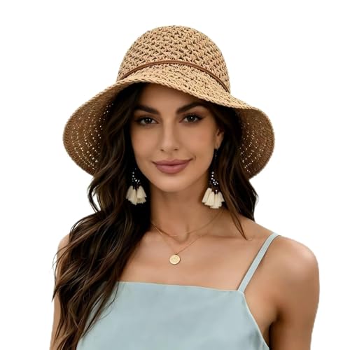 Image of Women Wide Brim Sun Hat UPF50 Straw Summer Hat Floppy Beach Hat Roll-Up