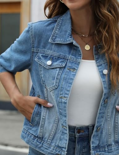 happlan Women's 3/4 Sleeve Short Denim Jacket Lapel Button Down Cropped Trucker Jean Jackets Coats4