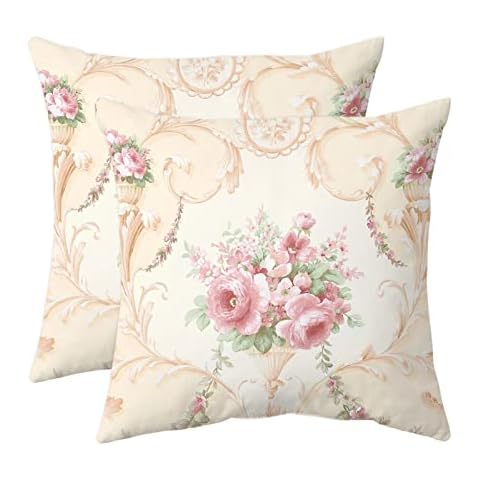 Vintage Floral Throw Pillow Covers Set of 2 Decorative Rose Art Couch Pillow Cases Farmhouse Shabby Chic Pink Peony Outdoor Cushion Cover for Bedroom Living Room Sofa, 20" x 20", Beige Cover