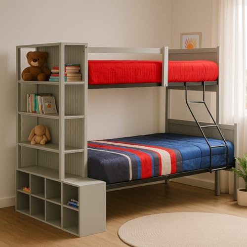 La Mejor Selección de Literas Madera comprados en linea. 50 ATLAS DEL DESCANSO Litera Matrimonial - Individual Karlota + Mueble Organizador Gris Karlota con Estante