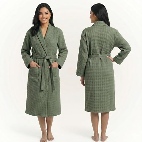 Image of Fash Home-Unisex Bathrobe-Waffle design at Top & Soft TerryTowel inside for quick absorbancy and softness -100% Soft Cotton |Full Size | Perfect for Royal Elite Class Men /Women /Couples (Olive Green)