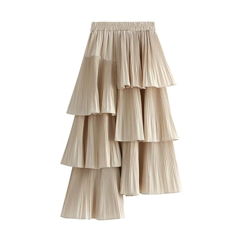 Womens Pleated Layered Skirt Asymmetric A-Line Skirts Elastic High Waist Fluffy Skirt Irregular Hemline Midi Skirts