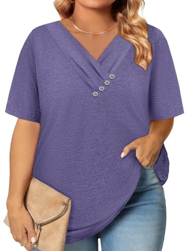 Womens Summer Spring Boho Tops Plus Size Clothes for Women Fashion Clothing Trendy Oversized Tshirts Short Sleeve V Neck T Shirts Blouses Dressy Casual Loose Tunics Vacation Cruise Teacher Outfits L